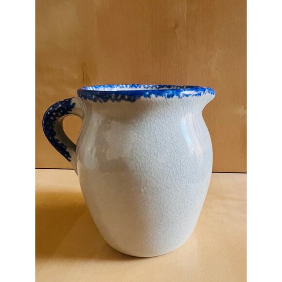Blue Spongeware Heart Pitcher Small Stoneware Style Farmhouse Kitchen Creamer - Picture 6 of 7